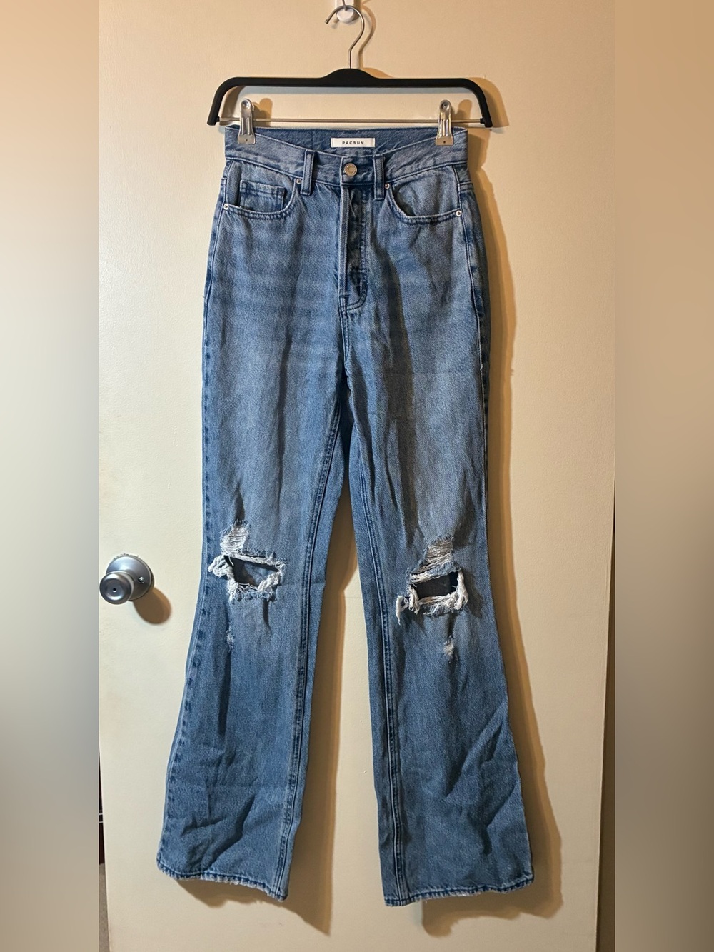 PacSun High Rise Bootcut Distressed Jeans Button Fly Light Blue Indie 24 Tall